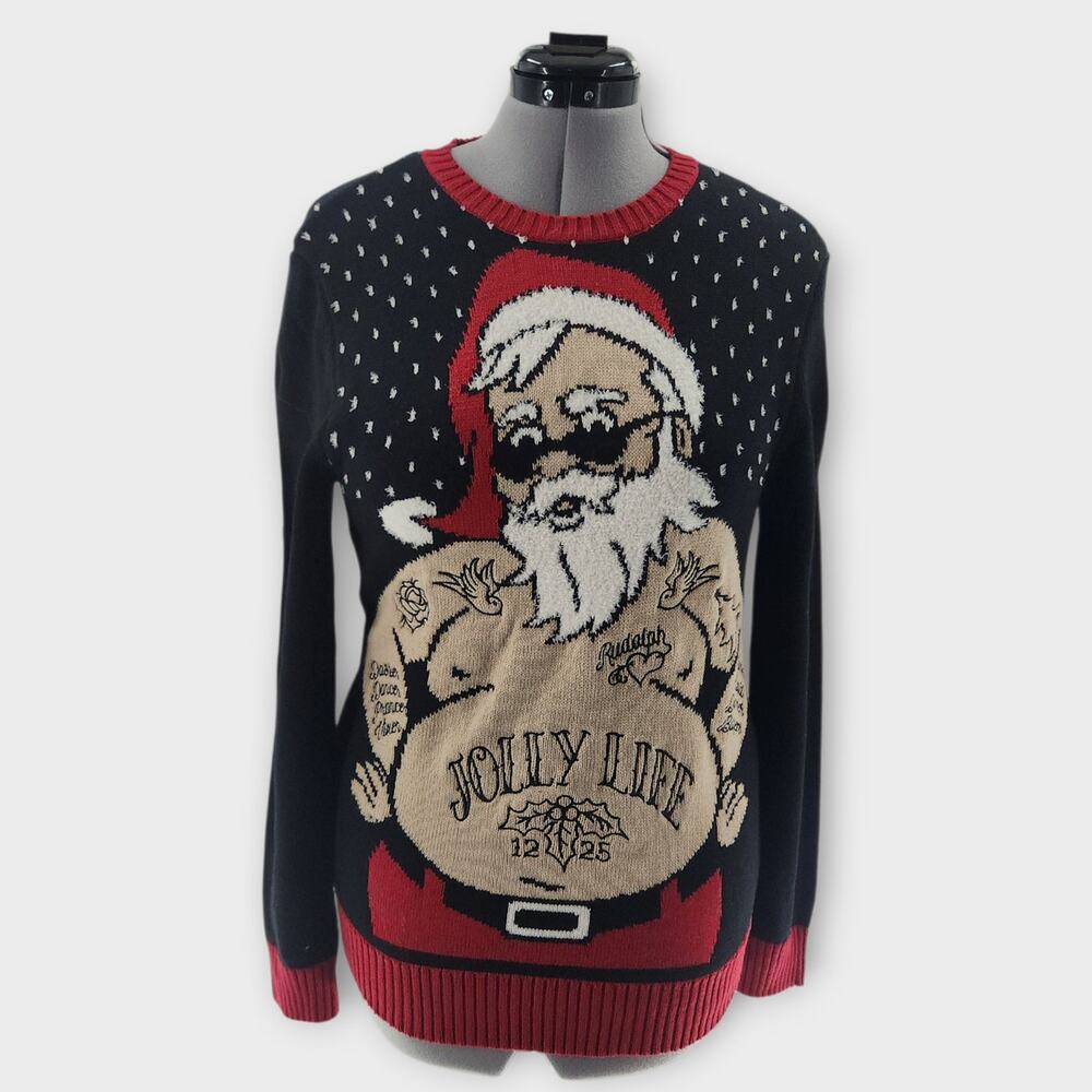 Ugly Christmas Sweater Women's S Crew Neck "Thug" Jolly Life Santa Tatted Funny